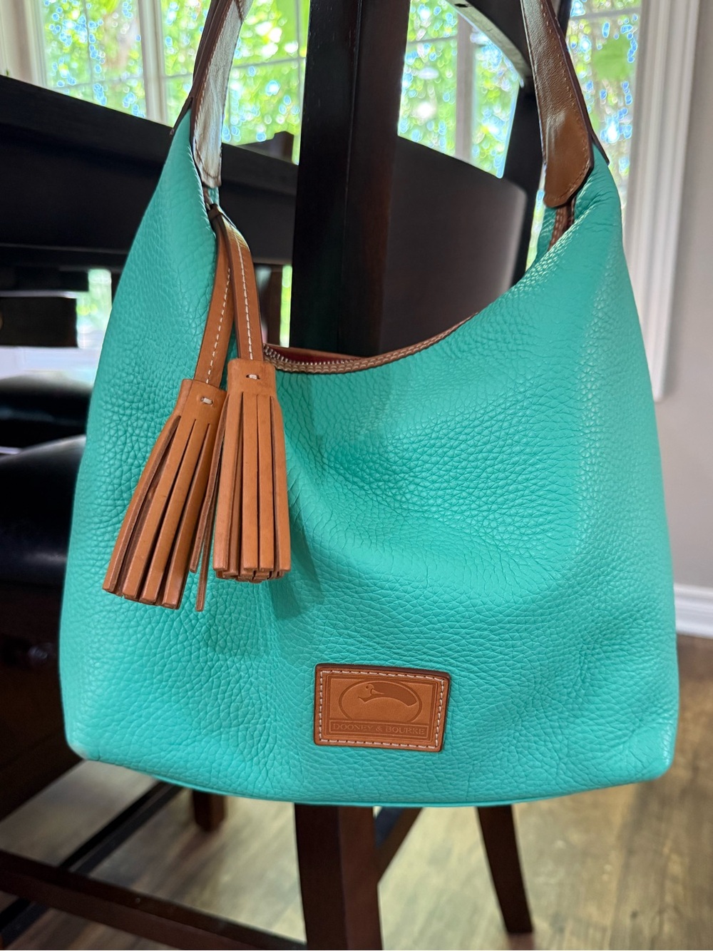 Dooney & Bourke Turquoise Pebbled Leather Shoulder Hobo bag w/ Tan Trim Tassel - Picture 13 of 16